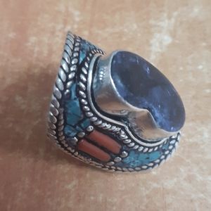 New Lapis Lazuli and Coral 925 Silver Tribal Ring.